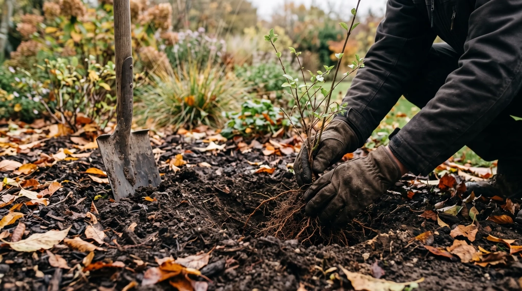 Brouette de feuilles mortes et haie taillée, entretien du jardin en automne en Isère