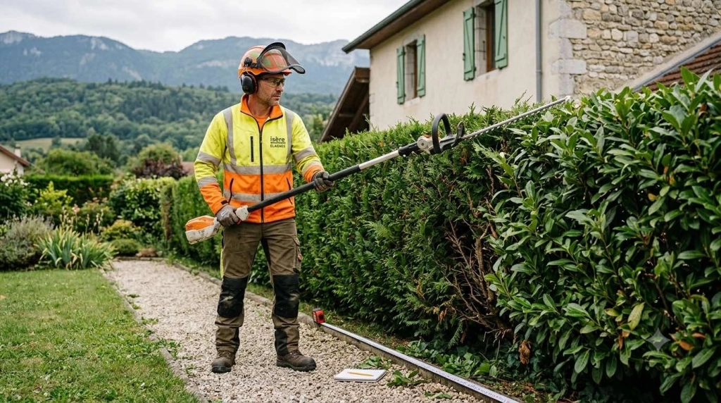 Un professionnel élagueur en train de tailler proprement une haie mitoyenne entre deux jardins en Isère