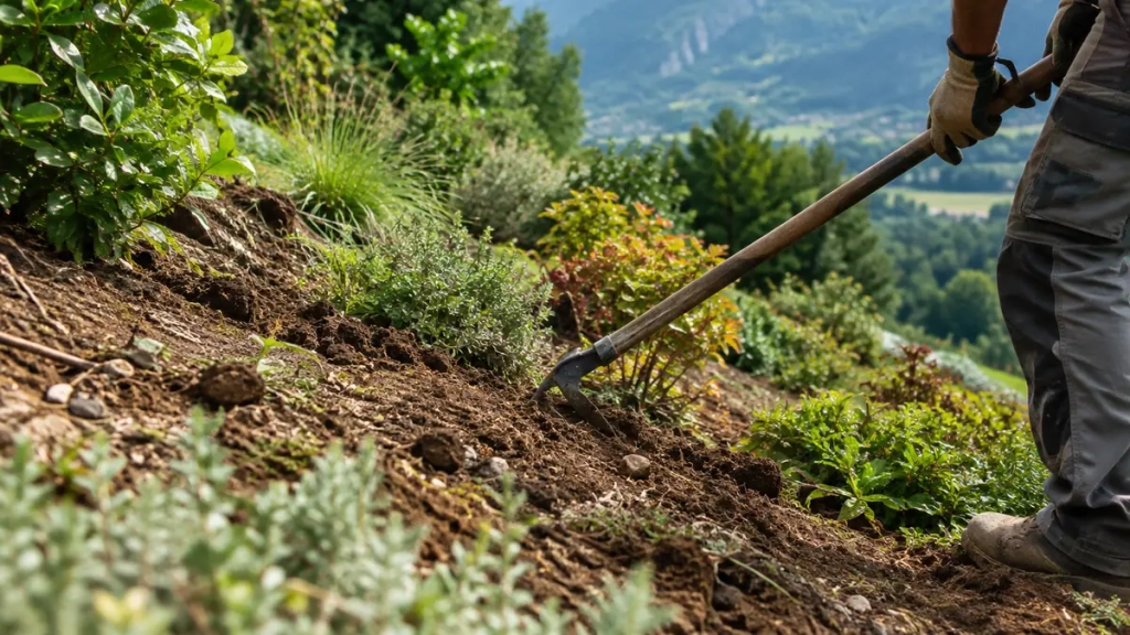 Aménagement jardin Isère : terrain en pente observé avant la conception paysagère